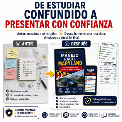 Guía Digital de Manejo Maryland con Preguntas, Simulacros y Plan de Estudio
