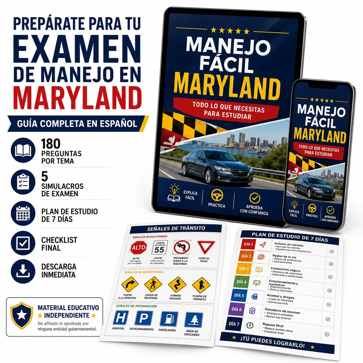 Guía Digital de Manejo Maryland con Preguntas, Simulacros y Plan de Estudio